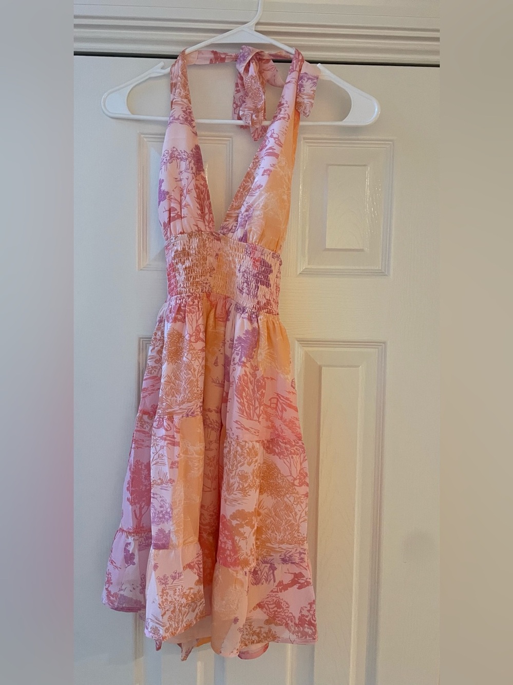 Grey Bandit Marina Dress. Pink & Peach Halter Sundress with Smocked Waist